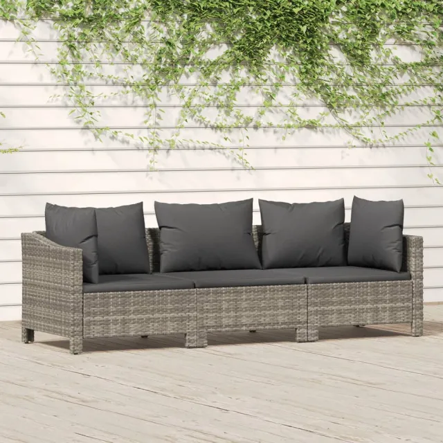 vidaXL 3-delige Loungeset met kussens poly rattan grijs, foto 2