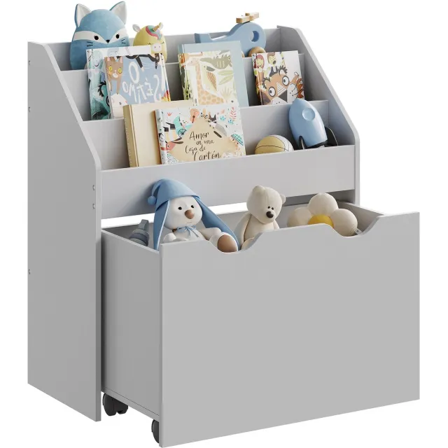 Songmics Kinderboekenkast - Met 3 Planken - Opbergbox op Wielen - Multifunctioneel voor Woonkamer en Kantoor Grijs