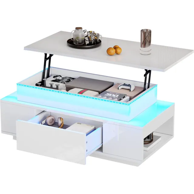 MUVANO In hoogte verstelbare salontafel - Salontafel met lade - Led verlichting - met verborgen opbergruimte - 96x45x40 cm - Hydraulisch hefsysteem - Woonkamer Wit