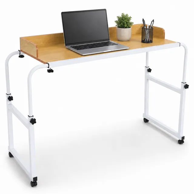 Lemlit Verstelbare Bedtafel op Wielen - Laptoptafel voor Bed, Overbedtafel met Kantelvrije Rand, Hoogte 65-95 cm, Lengte Verstelbaar 120 cm, Voor Bedden tot 200 cm - Oude Eik