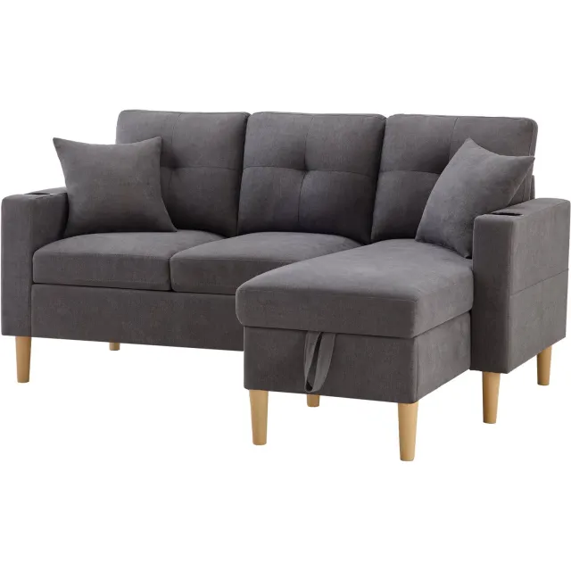 Merax L-Vormige Hoekbank Met Chaise Longue – 3-Zits Bank Met Opbergruimte En Bekerhouder – Donkergrijs Katoen-Linnen – Inclusief 2 Kussens – 175x129 Cm