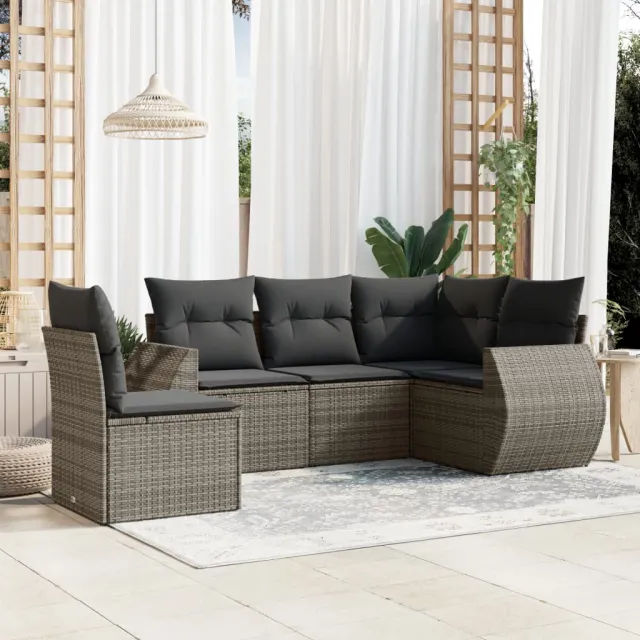 vidaXL 5-delige Loungeset met kussens poly rattan grijs, foto 2