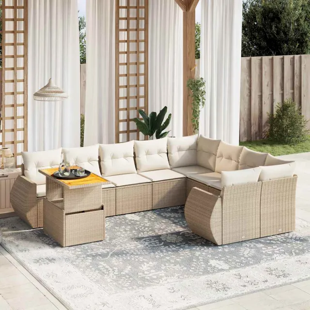 vidaXL 10-delige Loungeset met kussens poly rattan beige, foto 2