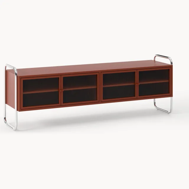 Westwing Collection Metalen tv-meubel Robyn met glazen front Wijnrood, Zilverkleurig