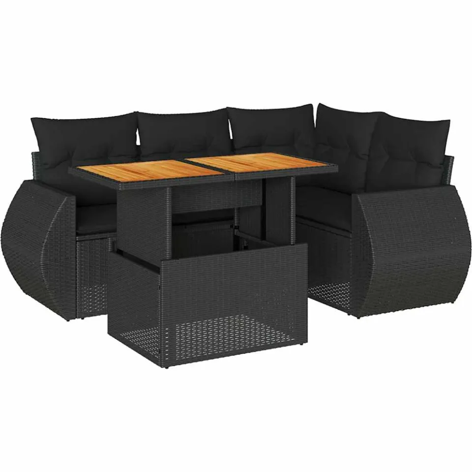 vidaXL 5-delige Loungeset met kussens poly rattan zwart, foto 3