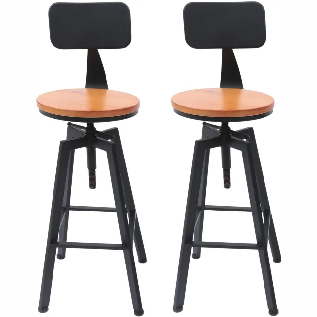 Happiq Barkrukken Set van 2 – Verstelbare Hoogte & 360° Draaibaar – Industrieel Vintage Design – Houten Zitting & Rugleuning – Zwart Black