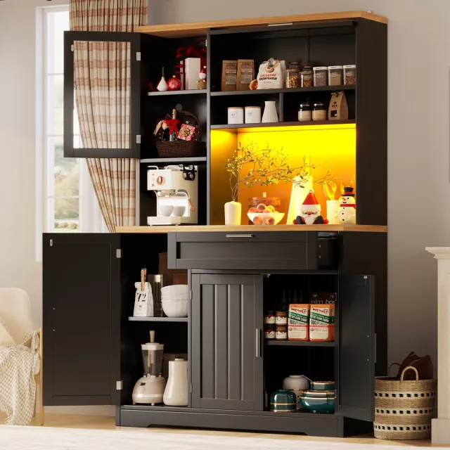 Zubaliya Keukenkast, Hoge Kast/Vitrinekast met Ledverlichting, 104x40x180 cm, Zwart, voor Keuken en Woonkamer