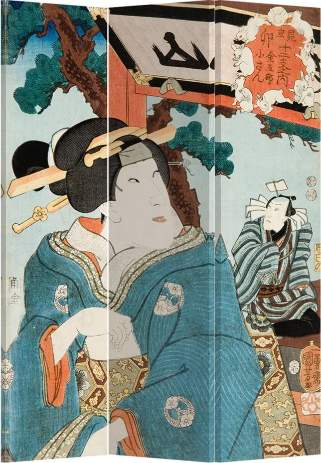 Fine Asianliving Kamerscherm Scheidingswand B120xH180cm 3 Panelen Japanse Vrouw Multicolour