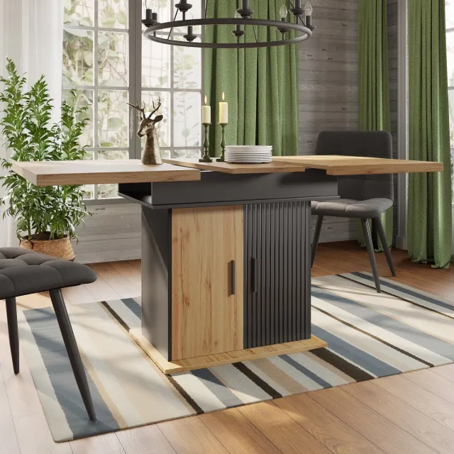 COVREO Eettafel 110-140x80x75 cm – zwart/naturel, uitschuifbaar, opklapbaar, 4-6 personen