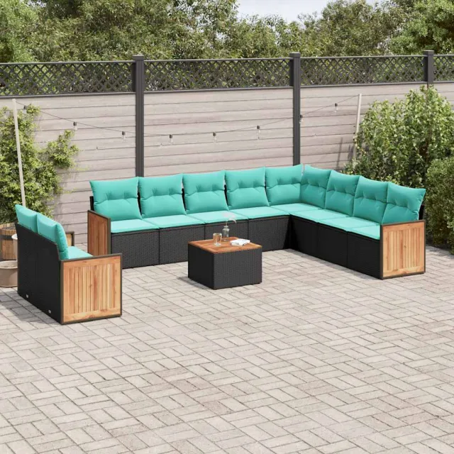 vidaXL 11-delige tuinbankset met kussens, zwart polyrotan, foto 2
