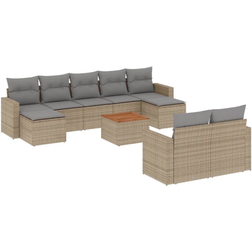 vidaXL 10-delige Loungeset met kussens poly rattan gemengd beige, foto 3