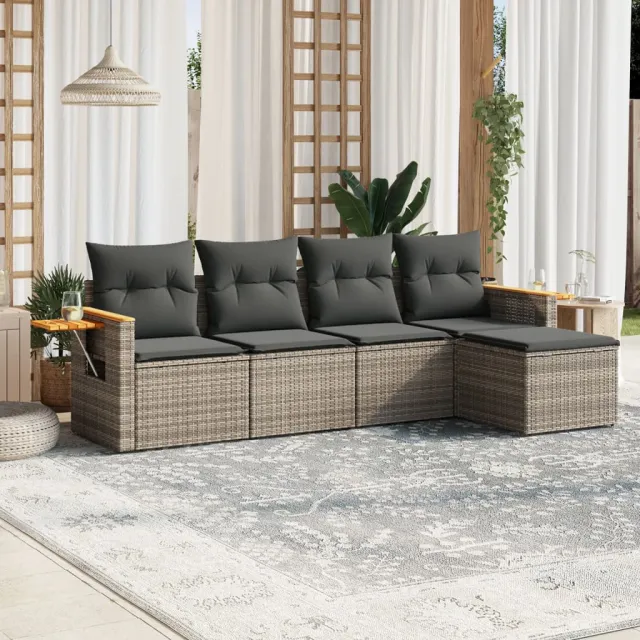 vidaXL 5-delige Loungeset met kussens poly rattan grijs, foto 2