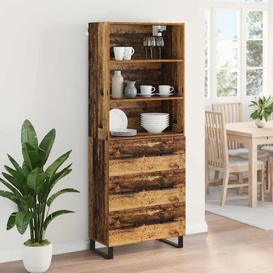 vidaXL Hoge kast 2 st Oudhout 69,5 x 34 x 180 cm Bewerkt hout en glas bruin, foto 3