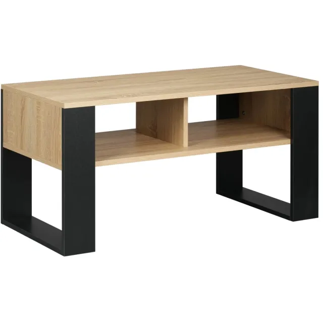 Klarven Salontafel met Opbergruimte Lichteiken - Salontafel met Lade - Salontafel Hout - Salontafel - Industrieel, Krasbestendig E1-hout, Makkelijk Schoon te Maken, 2 Open Vakken - Rechthoekig b90xh45xd45cm