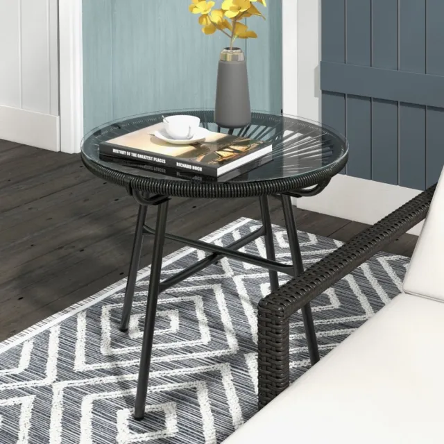HAUSS SPOLE Tuintafel – Boho Stijl – 50 x 50 x 50 cm – Gehard Glas En PE-Rattan – Zwart – Voor Balkon, Terras Of Tuin – Weerbestendig