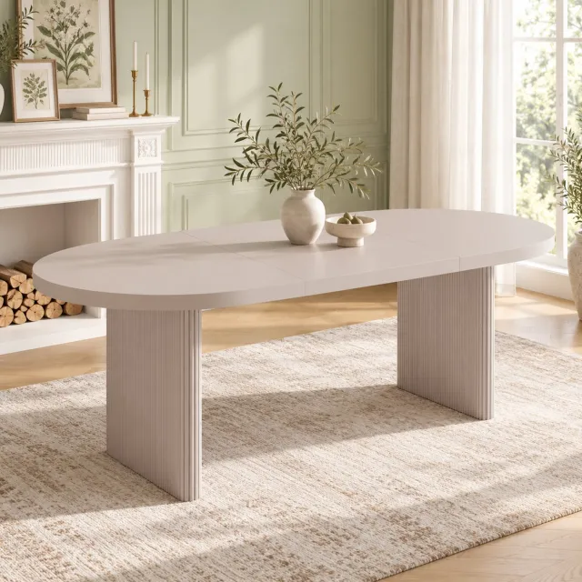 PHOEBE CAT Uitschuifbare Eettafel - 140/200 x 90 cm - Geschikt voor 6–8 personen - Ovaal - Kalksteenlook - Grijs-beige