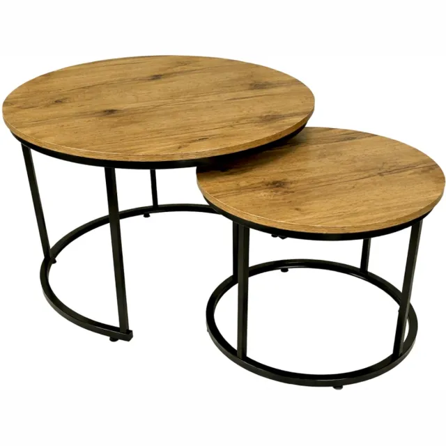 BEGRYF Industrieel - Set van 2 Salontafels - Rond - Ø 53 cm & Ø 43 cm - Elzenhout Look & Zwart Lichtbruin