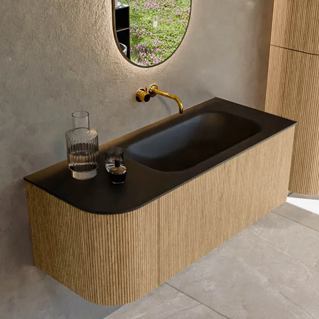 Mondiaz KURVE 115 cm Onderkast Greeploos 1 Lade Met Deuren Oak, Wastafel Solid Surface Rechts Urban 0 Kraangaten Zonder Spiegel (KRVBGS115L1L1D0KR-Oak/Urb)