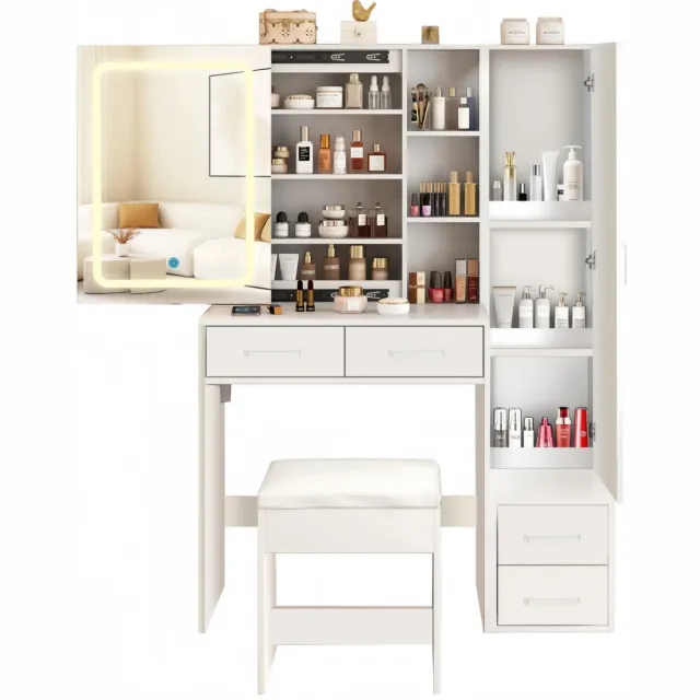 Gudalio Make Up Tafel - Kaptafel - LED spiegel - 3 Lichtkleuren - Inclusief Krukje - Verborgen Opbergruimte - 100x40x142 cm - Wit