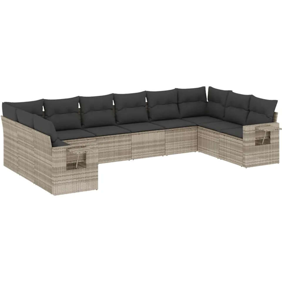 vidaXL 10-delige Loungeset met kussens poly rattan lichtgrijs grijs, foto 3