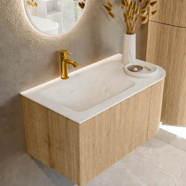 Mondiaz KURVE-DLUX 85 cm Onderkast Greeploos 1 Lade Met Deuren Oak, Wastafel Solid Surface Links Opalo 1 Kraangat Zonder Spiegel (KRVCLO85R1L1D1KL-Oak/Opa)