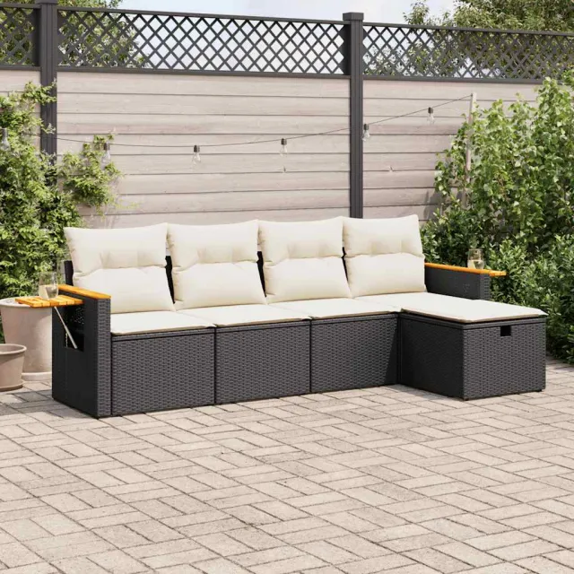 vidaXL 5-delige Loungeset met kussens poly rattan zwart, foto 2