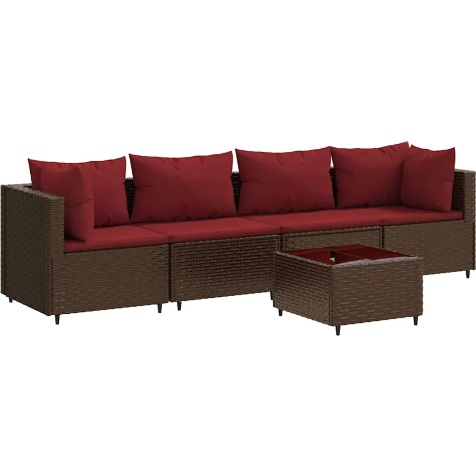 vidaXL 5-delige Loungeset met kussens poly rattan bruin