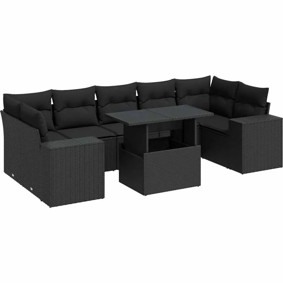 vidaXL 8-delige Loungeset met kussens poly rattan zwart, foto 3