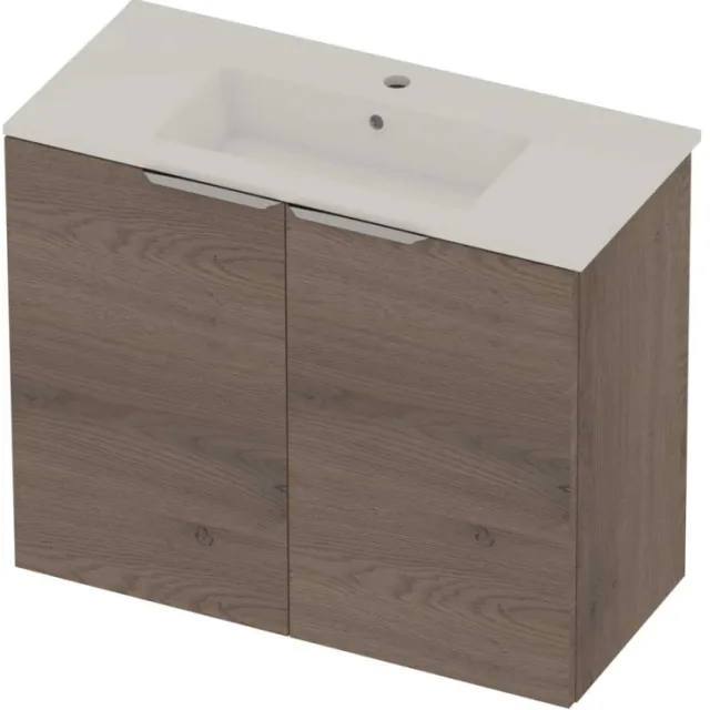 Basic-Line Tiny 36 Badmeubelset Porselein 1 Kraangat Voor Grepen 80x36x67 cm Dusk Oak Glans Wit