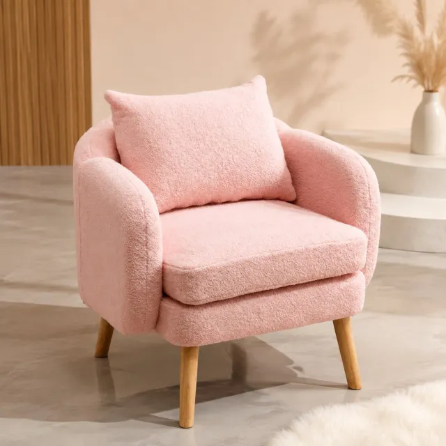 Welltin Fauteuil - Relaxstoel - loungestoel - Comfortabele Design met Houten Frame - Enkel Zetel - Teddy stof - 71x71x79 cm - Roze