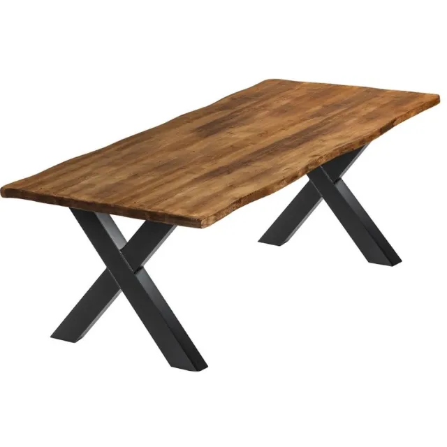 Robustiek Wonen Boomstamtafel - Eettafel Boomstam effect - Tafelpoten Metaal Zwart X - 280x100 Donkerbruin