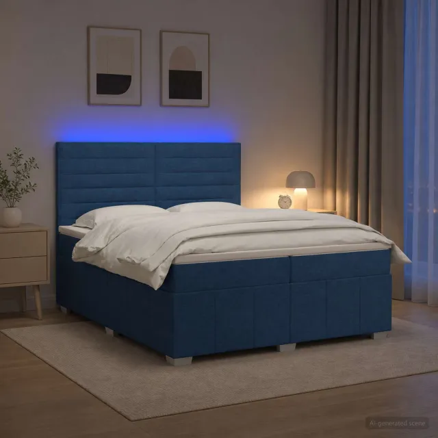 vidaXL LED Boxspring Bed met Matras Blauw 200 x 200 cm Stof