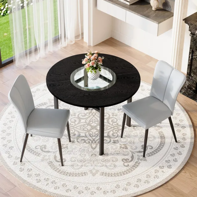 Clruro Eetkamerset - Ø100 cm - ronde tafel zwart houtlook + 2 lichtgrijze PU stoelen metalen poten - modern - hout+PU+metaal - lichtgrijs Zwart, lichtgrijs