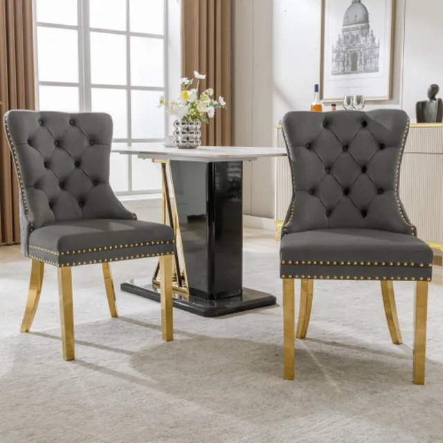 YJZQ 2 stuks hoge rug 4-poots stoel-Gray fluwelen eetkamerstoel-met-knoopsteek-massief houten frame-Grijs-(Set van 2) Style 1
