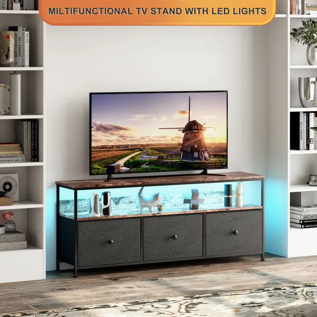 ROSAHQNDA Tv meubel 108x30x57 cm, modern tv kast met led verlichting, 3 zwarte stoffen lades, metalen frame en houtlook blad, verstelbare poten, zwart Donkere houtnerf + zwart