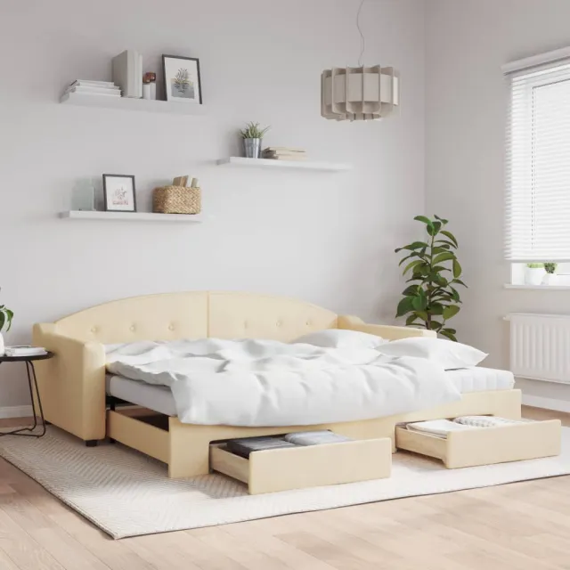 vidaXL Slaapbank met onderschuifbed en lades 90x200 cm stof crèmekleur