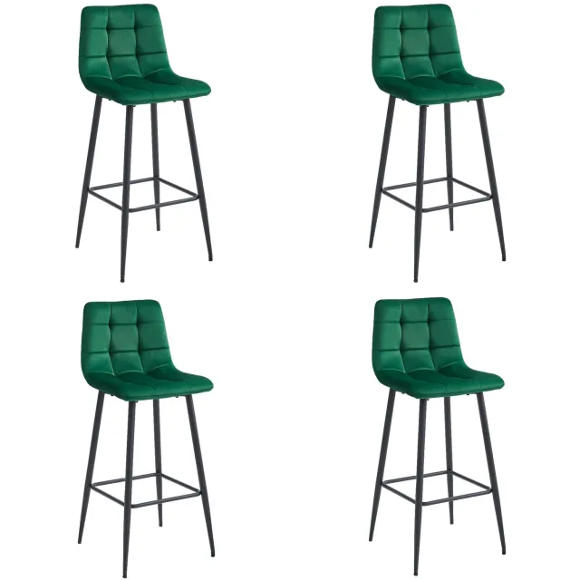 LEOBERT ARCETO Barkrukken – Set van 4 – Donkergroen Velvet – Zwarte Metalen Poten – Met Rugleuning – Met Voetsteun – Modern Design – Voor Keukeneiland, Bar en Keuken – Max. 110 kg per Kruk