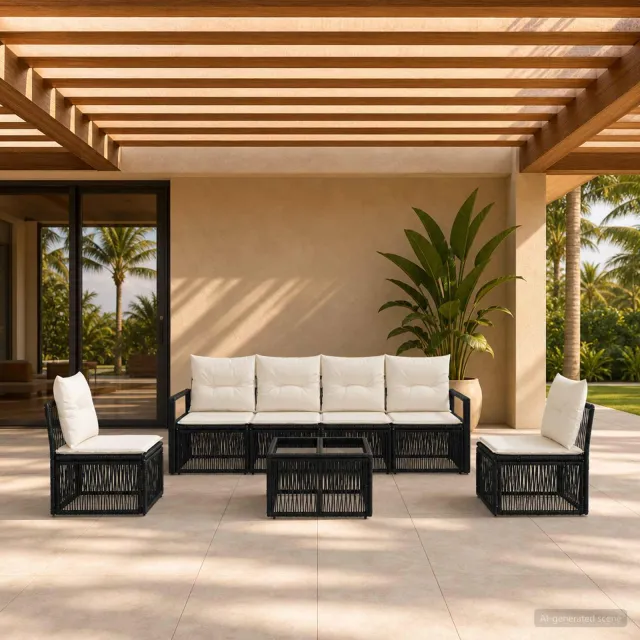 vidaXL Tuinbankenset 7 st Zwart poly rattan, foto 2
