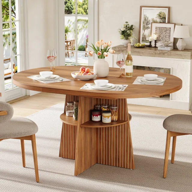 REDOM Uitschuifbare eettafel - Verlengbaar tafelblad - Kruisframe met opbergplank - MDF - Walnoot - 110-150 x 110 x 77,5 cm