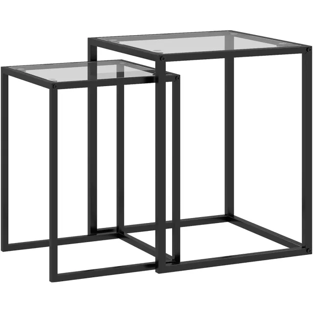 Homona Bijzettafelset - 2-delig - Stapelbaar - Met glazen blad en stalen frame - Groot: 42 x 42 x 51 cm - Klein: 33 x 33 x 45,5 cm - Zwart