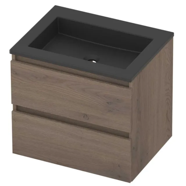Basic-Line Aura 46 Badmeubelset Acryl Zonder Kraangat Greeploos 60x46x54 cm Dusk Oak Mat Zwart