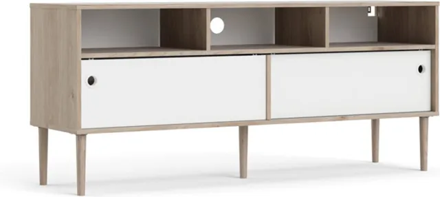 Tvilum Penny TV-meubel 2 schuifdeuren en 3 vakken Hickory decor en mat wit.