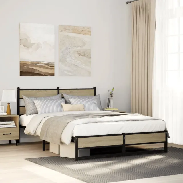 vidaXL Bedframe zonder matras metaal sonoma eikenkleurig 135x190 cm