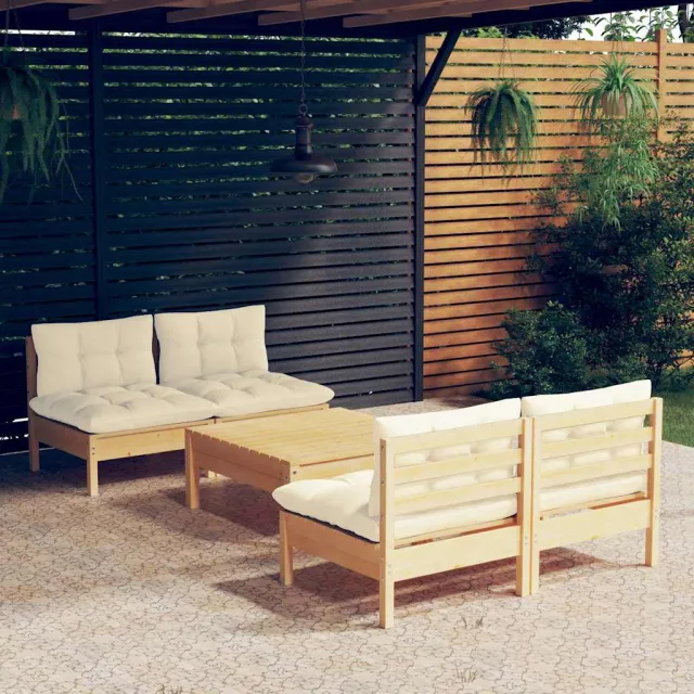 vidaXL 5-delige Loungeset met crèmekleurige kussens grenenhout, foto 2