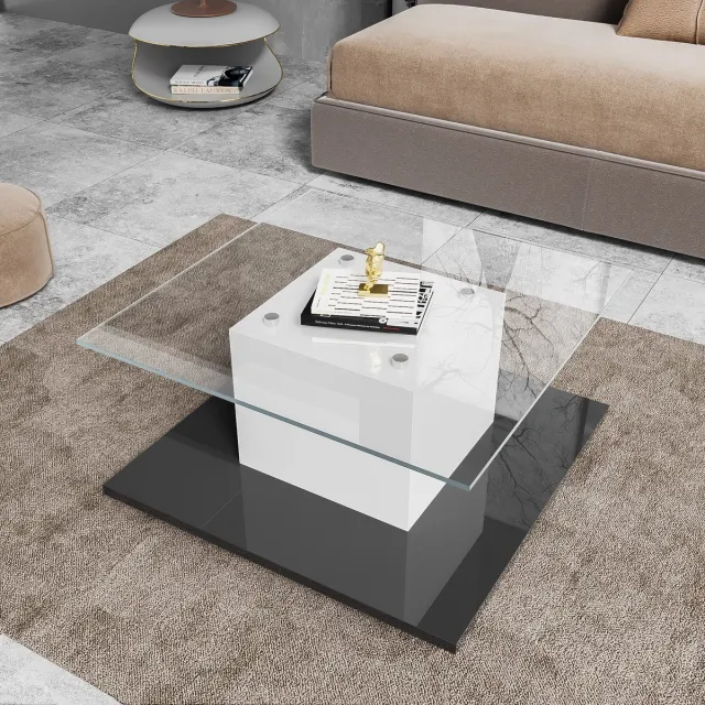 MIVRAY Salontafel - Met Ledverlichting En Wielen - Voor Woonkamer - Gehard Glas En Spaanplaat - 80x80x40 Cm Wit en Zwart