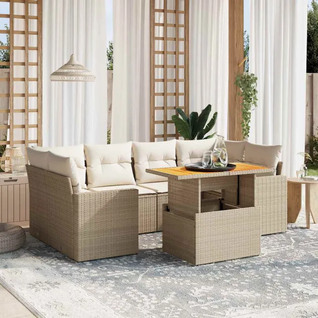 vidaXL 7-delige Loungeset met kussens poly rattan beige, foto 2