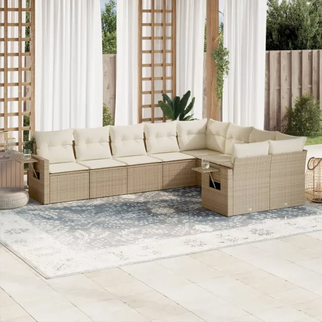 vidaXL 9-delige Loungeset met kussens poly rattan beige, foto 2