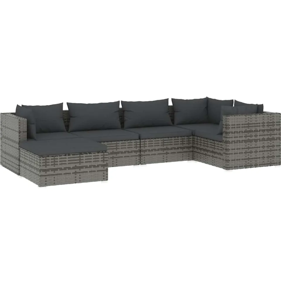 vidaXL 6-delige Loungeset met kussens poly rattan grijs, foto 3
