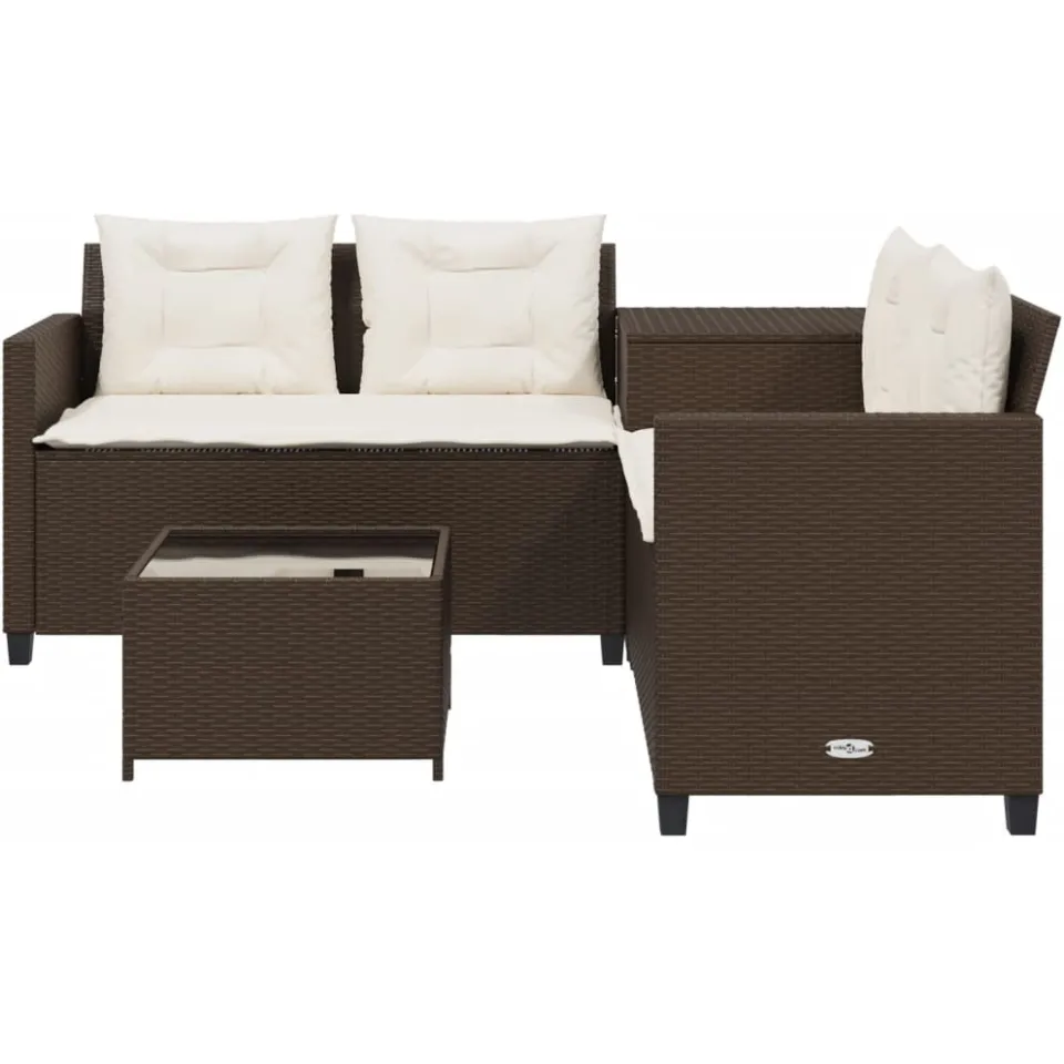 vidaXL Tuinbank met tafel en kussens L-vormig poly rattan bruin, foto 3