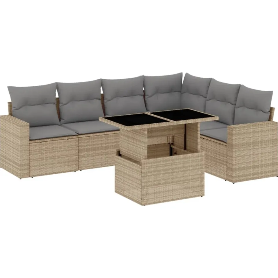 vidaXL 7-delige Loungeset met kussens poly rattan beige, foto 3